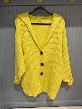 Free People Yellow Hooded Chunky Knit Cardigan Sweater
